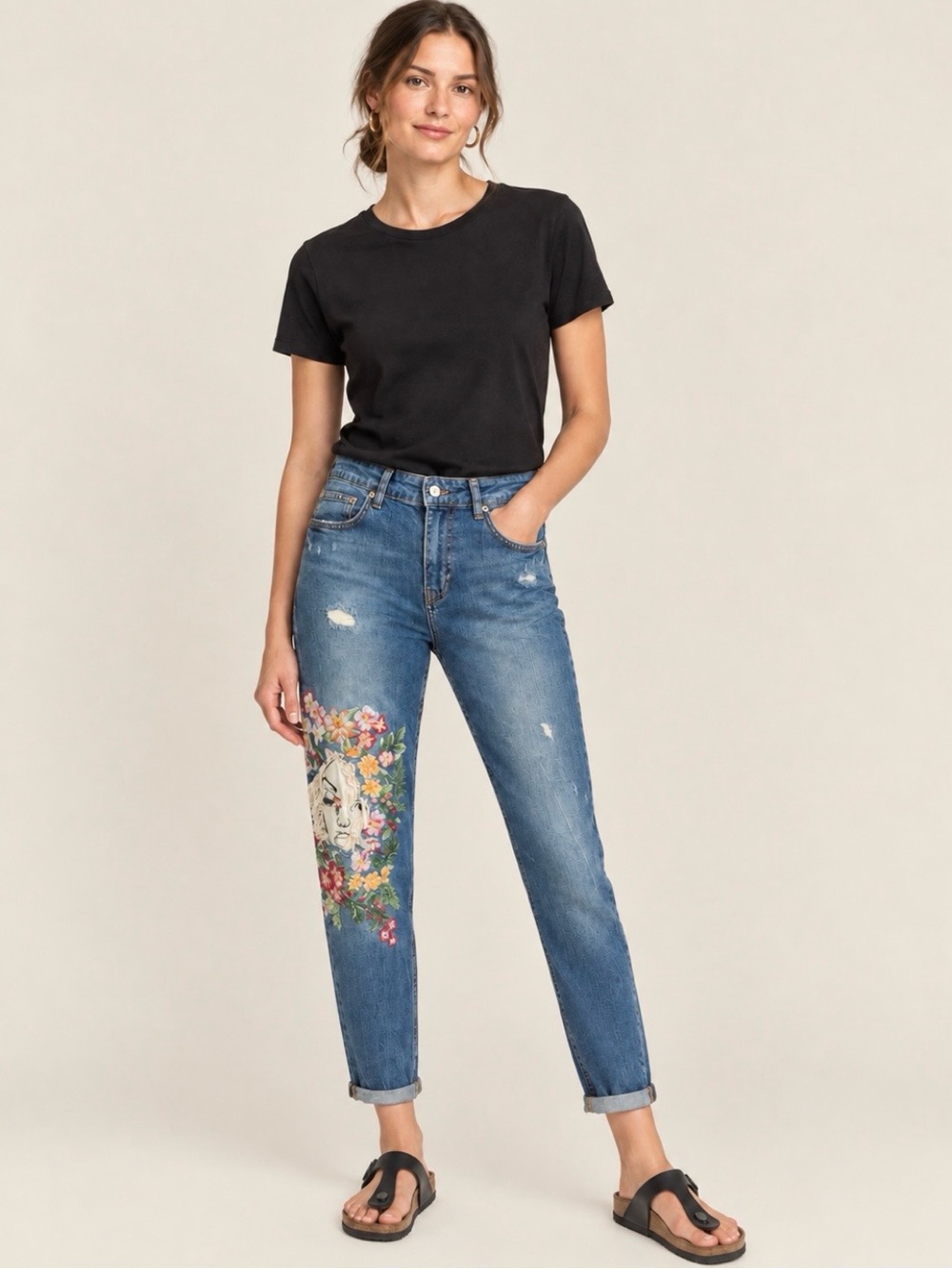 Zara Premium Denim Collection Slim Boyfriend Embroidered Jeans 6 Moonflower